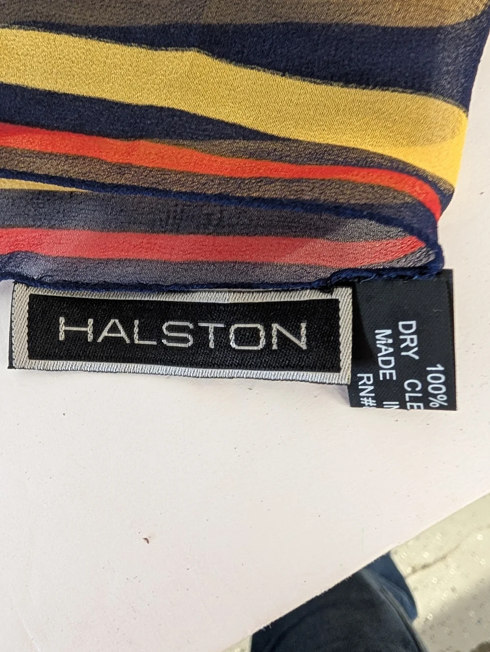 Vintage Halston Striped Silk Scarf in Navy, Yellow & Red. Oblong 48 Inches 1980